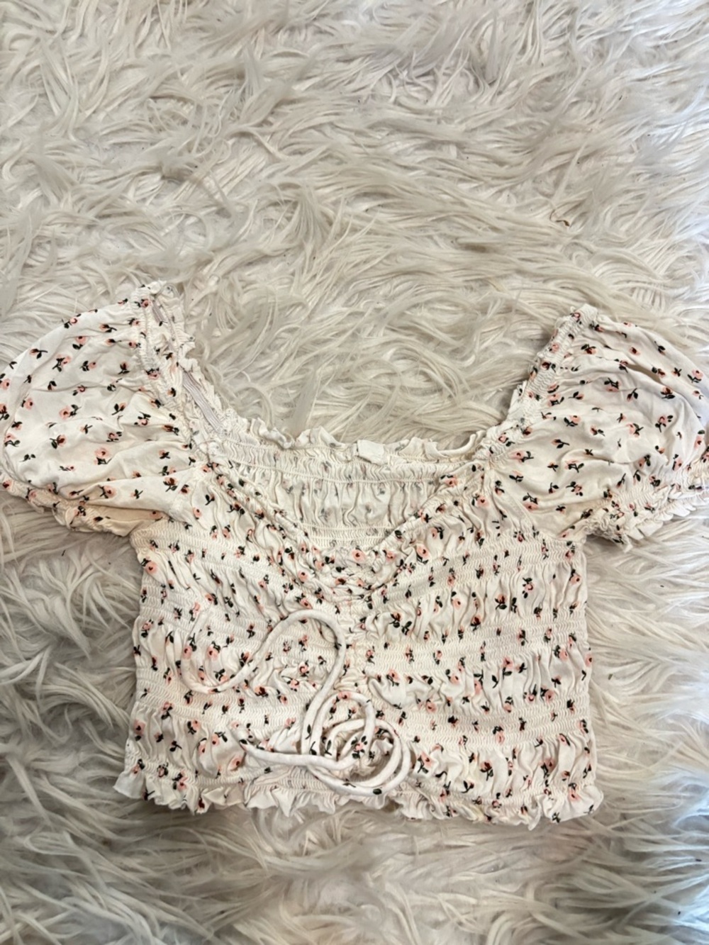 Garage White Smocked Crop Top with Pink Floral Print
